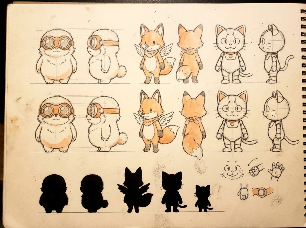 線画で描かれたマスコット3体と、その黒いシルエットを段階的に縮小して並べた比較図