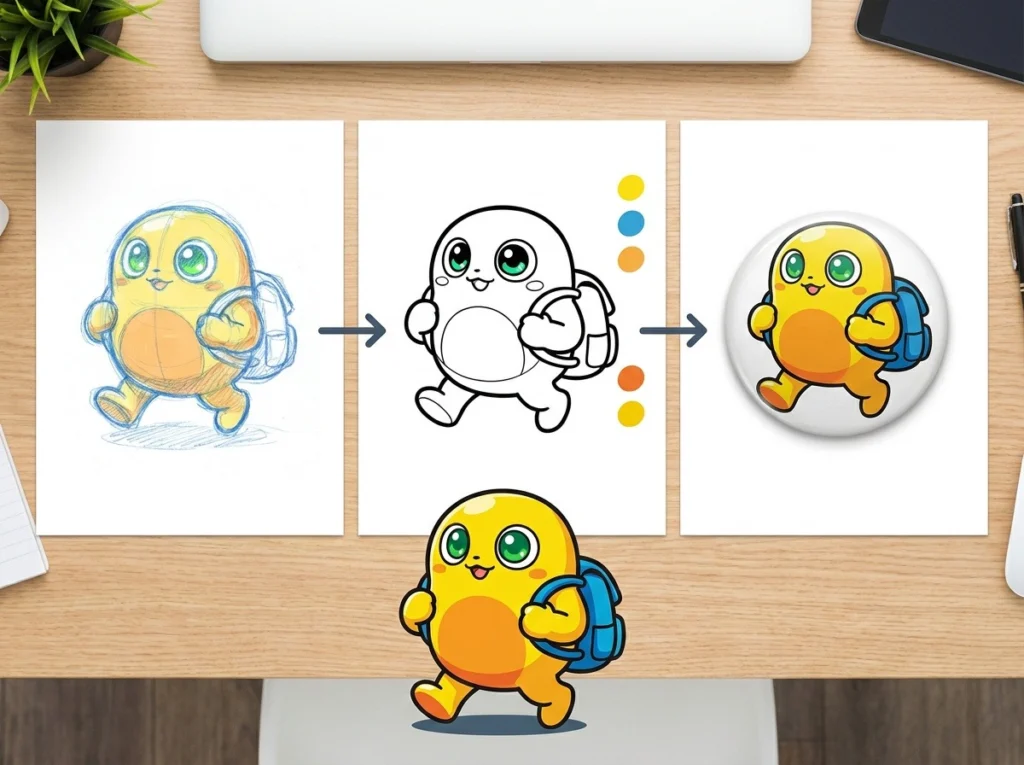 ラフから完成へ段階的に整っていく三つのパネルと矢印の幾何学イラスト