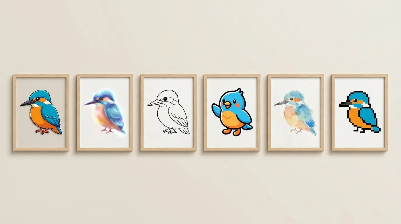 同じ小鳥のモチーフをさまざまな画風で描き分けた見本パネルが横に並んでいる