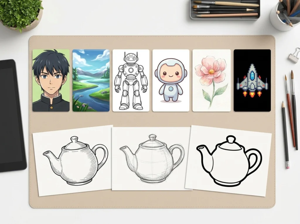 同じティーポットのモチーフを細い線画・鉛筆ラフ・カートゥーン線で描き分けた3枚のパネル