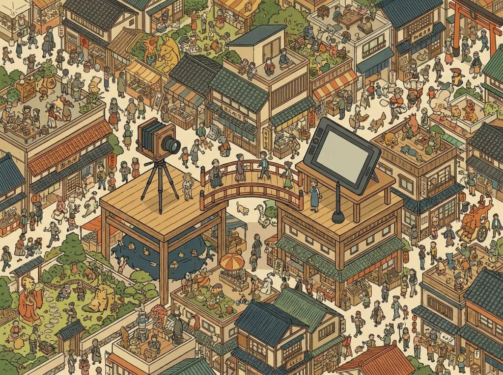 カメラの載った台と、ペンタブの載った台が橋でつながったアイソメトリックの図