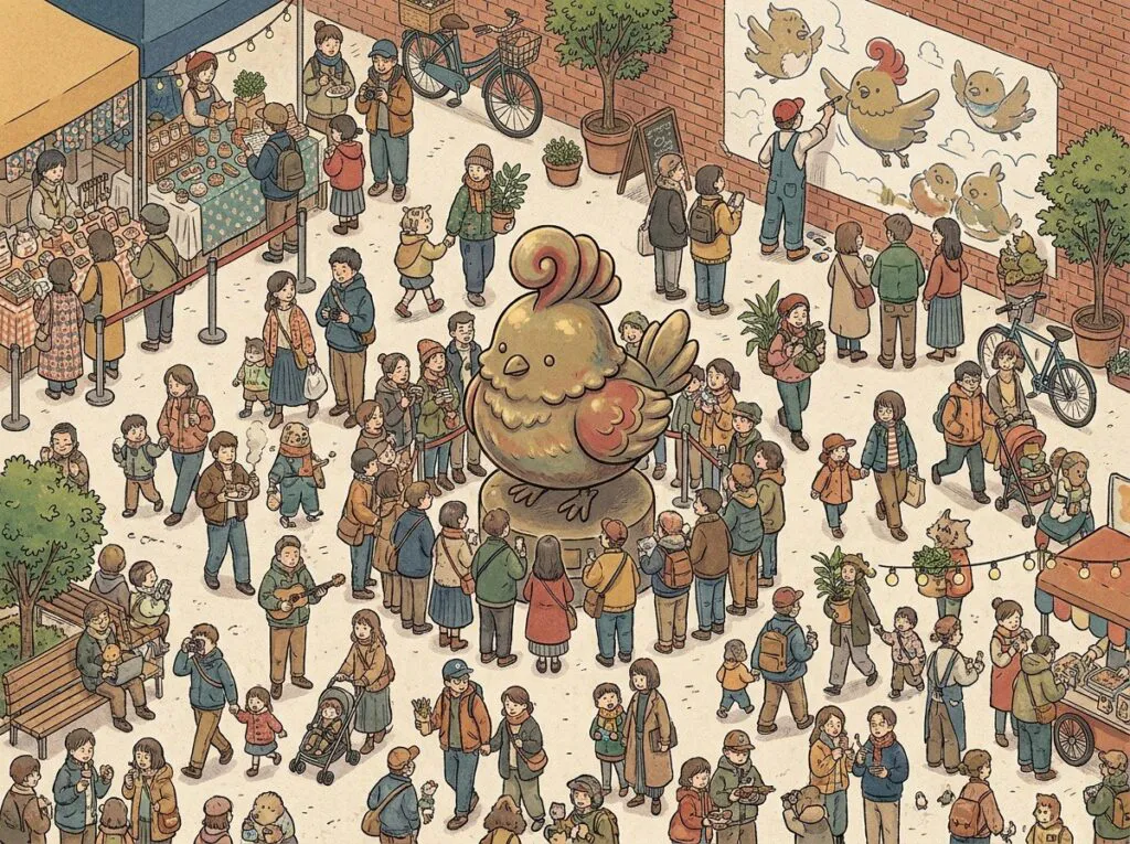 丸いオリジナルのマスコット像とグッズ屋台、壁画を描く人がいる広場のアイソメトリック図