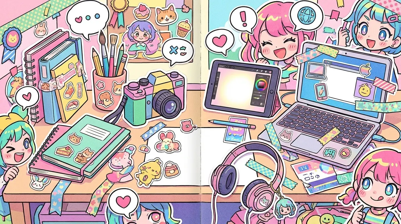 紙のコラージュで表現した、アナログとデジタルが半分ずつ混ざった作業机