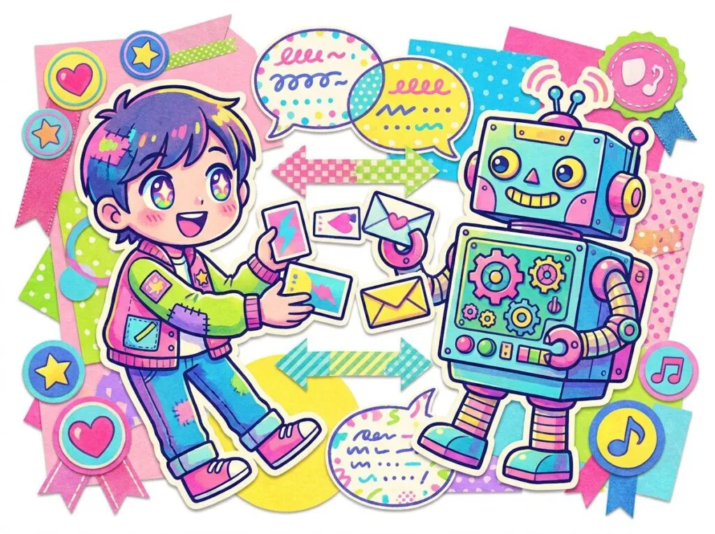人型と機械型のあいだを、テープの矢印でカードが行き来するコラージュ