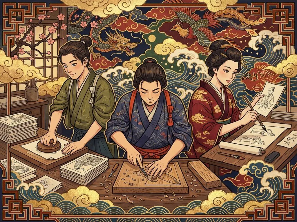 版木を彫る人、摺る人、下絵を描く人が並んで働く江戸の工房を描いた木版画風のイラスト