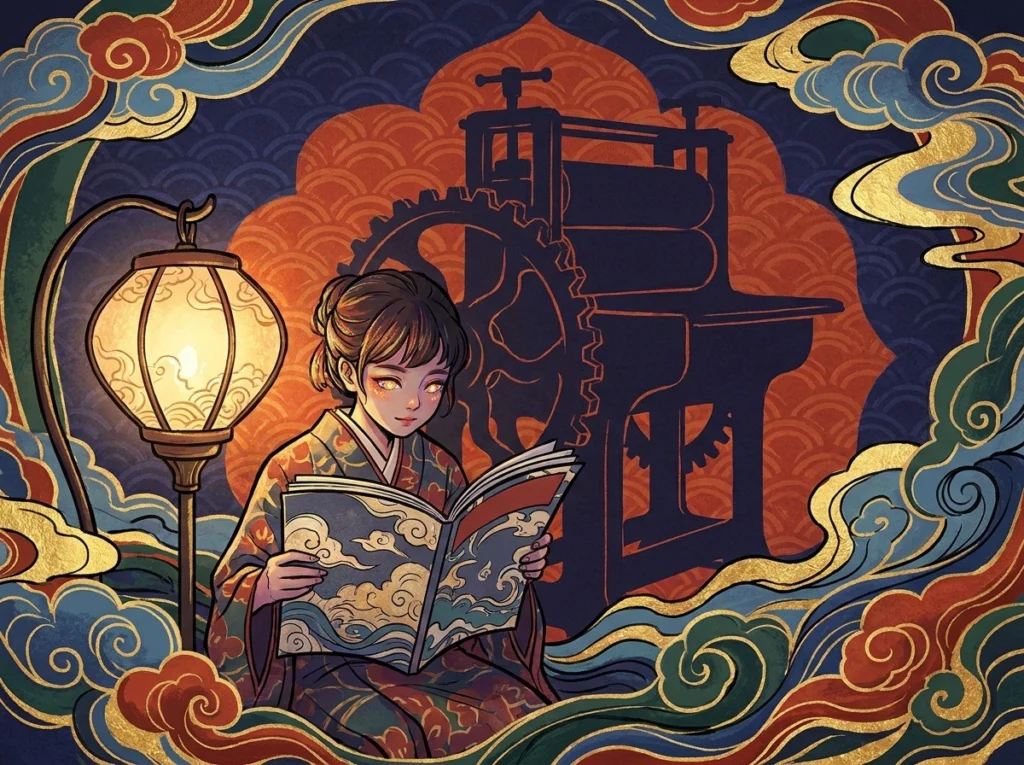 ランプの下で雑誌のページをめくる人と、背後に印刷機の影が見える木版画風のイラスト
