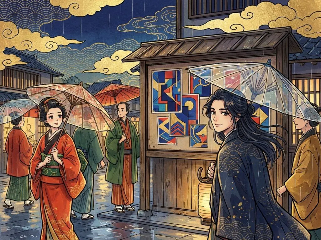 雨の街角、抽象的な図形だけのポスターが貼られた掲示板と行き交う人々を描いた木版画風のイラスト