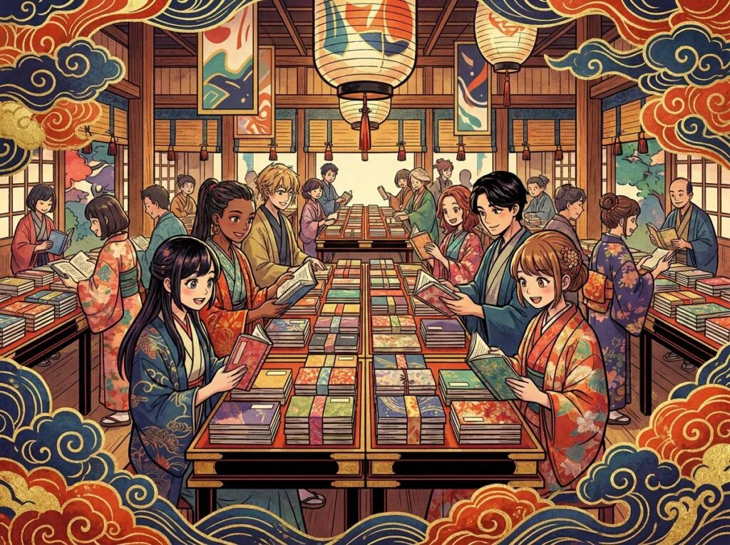 長机に薄い冊子が積まれた会場で、来場者が本を手に取っている木版画風のイラスト