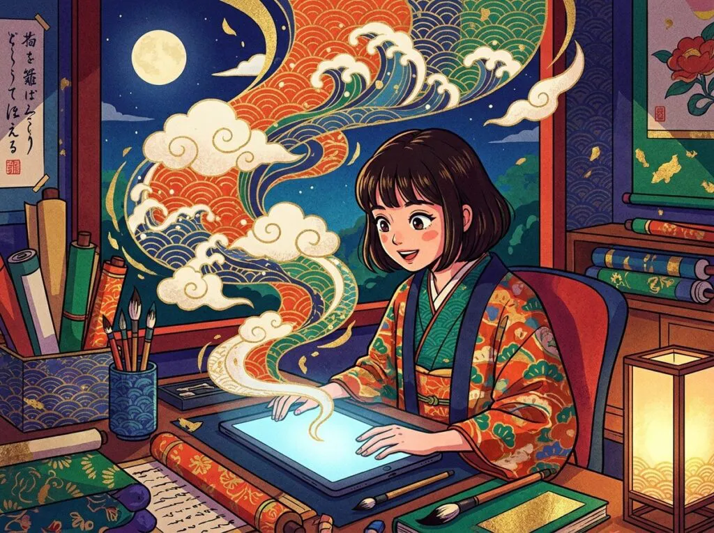夜、タブレットに向かう人の画面から古典的な波の文様が立ちのぼる木版画風のイラスト
