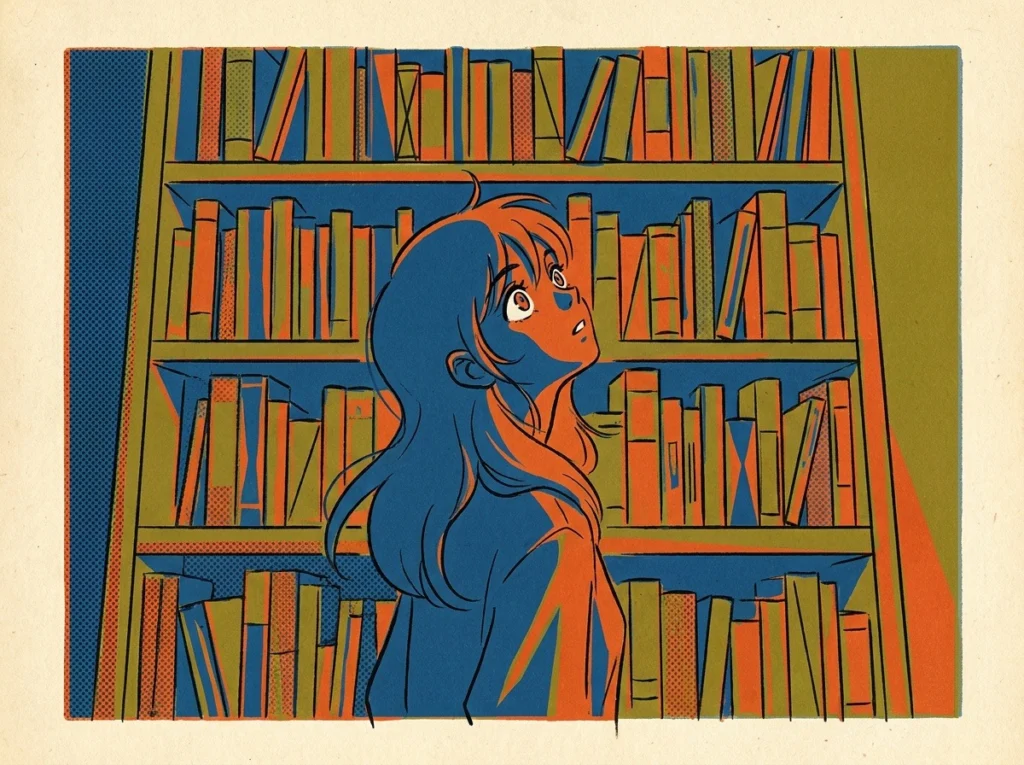 棚の前に立つ読者のシルエットを描いた、深緑と金の二色刷り風イラスト