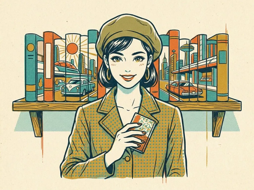 背表紙が一続きの絵になったシリーズが棚に並ぶ、深緑と金の二色刷り風イラスト