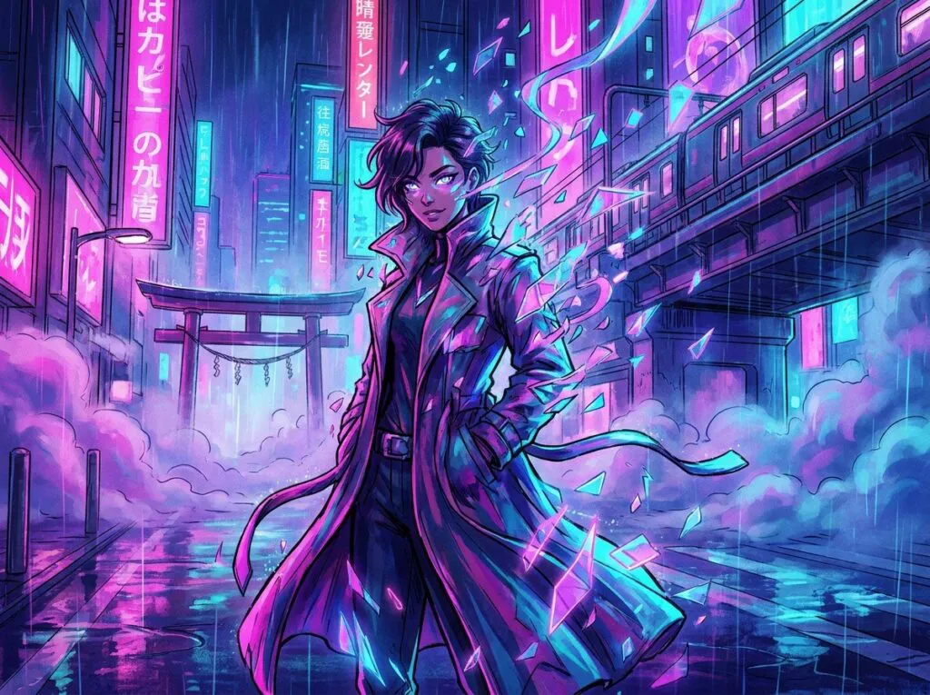 人物の絵が髪や服、背景ごとに分解され、板状に浮かんで離れていくネオン調イラスト
