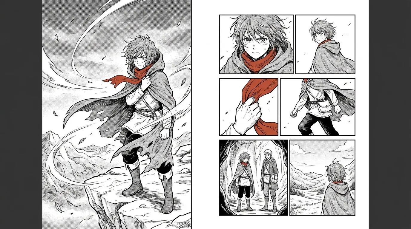 左に大きな一枚絵のコマ、右に六つの連続したコマが並ぶ漫画の見開き