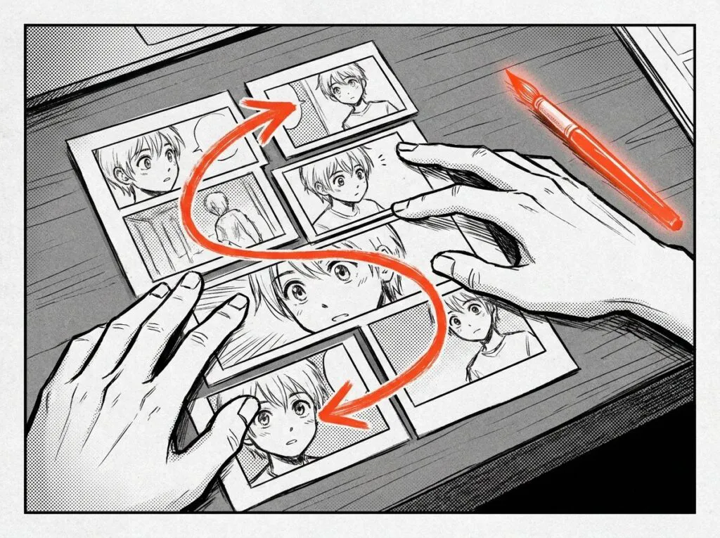 机の上でコマ割りのサムネイルを並べ替える手元。赤い矢印で視線の流れが書き込まれている