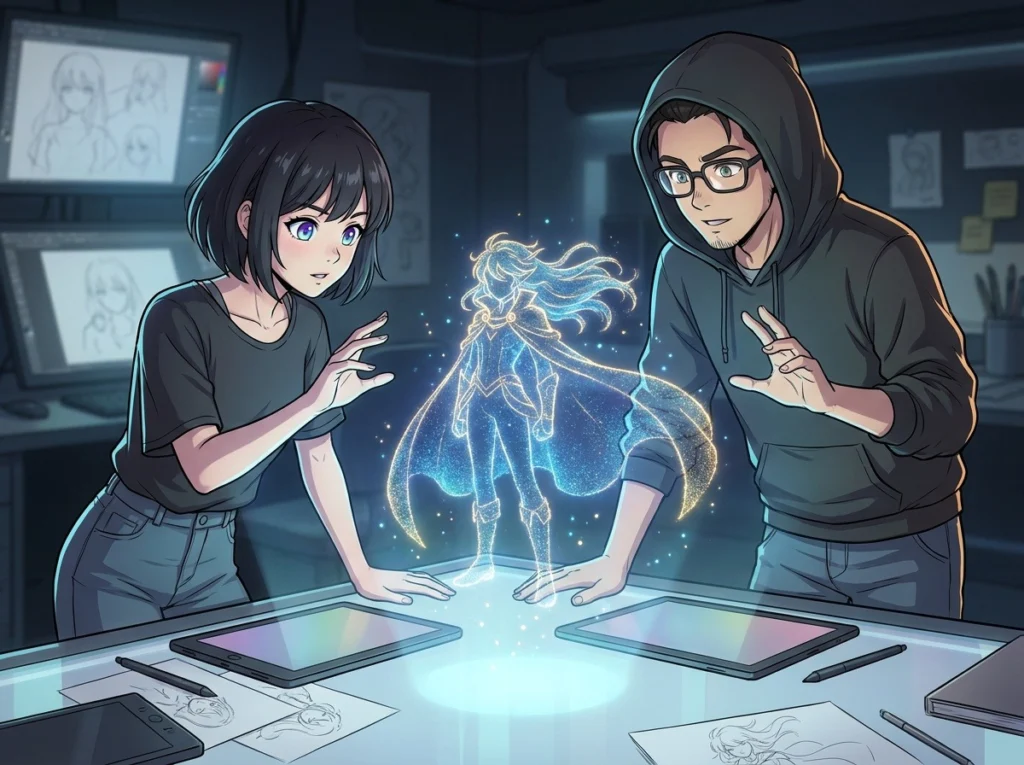 光るホログラム越しに向き合い、キャラクターの設計を調整する2人の作り手