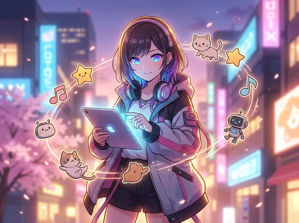 中央のキャラクターを囲むように、簡略化や崩した解釈の小さな絵が輪になって漂う