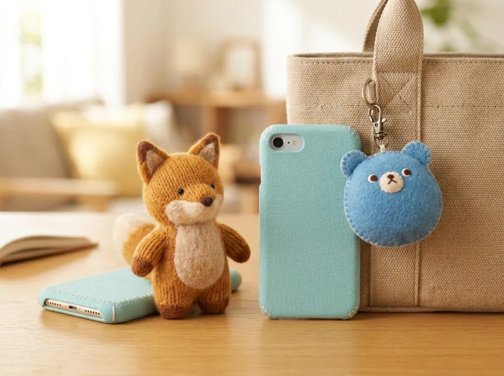 クレイ風のスマホ、小さなぬいぐるみチャーム、マスコットが並ぶ机の上のミニチュア情景